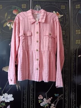Mystree Blush Pink Striped Button Shirt Jacket